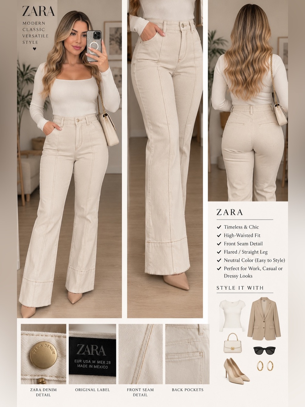 Zara High-Waisted Flare Pants in Neutral Cream